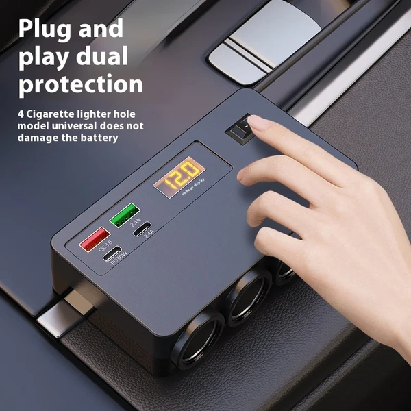 120W Car Charger | Dual USB + Dual Type-C | Fast Car Phone Charger with PD & QC 3.0, Smart Voltage Display, 6-Month Warranty