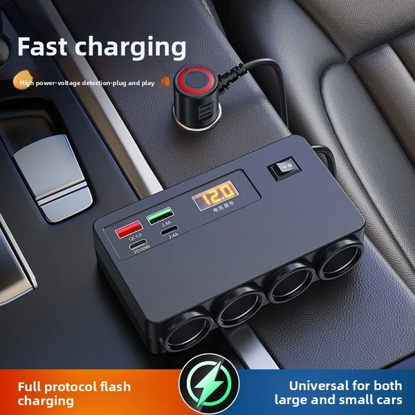 120W Car Charger | Dual USB + Dual Type-C | Fast Car Phone Charger with PD & QC 3.0, Smart Voltage Display, 6-Month Warranty