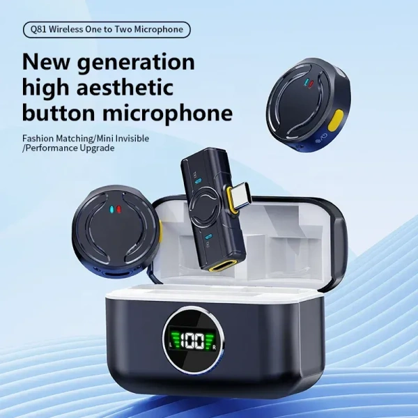 Q81 Portable Wireless Button Microphone – 2.4 GHz, Noise Reduction & Charging Case