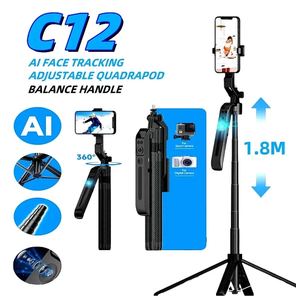 C12 Wireless Bluetooth Selfie Stick Tripod – 1.31 m Extendable, 360° Rotation, Remote & Stability