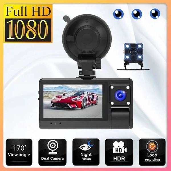S13 3-Lens Touch-Screen FHD Dash Cam with mic – Front, Interior, Rear + Wi-Fi & Motion Detection