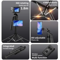 C12 Wireless Bluetooth Selfie Stick Tripod – 1.31 m Extendable, 360° Rotation, Remote & Stability