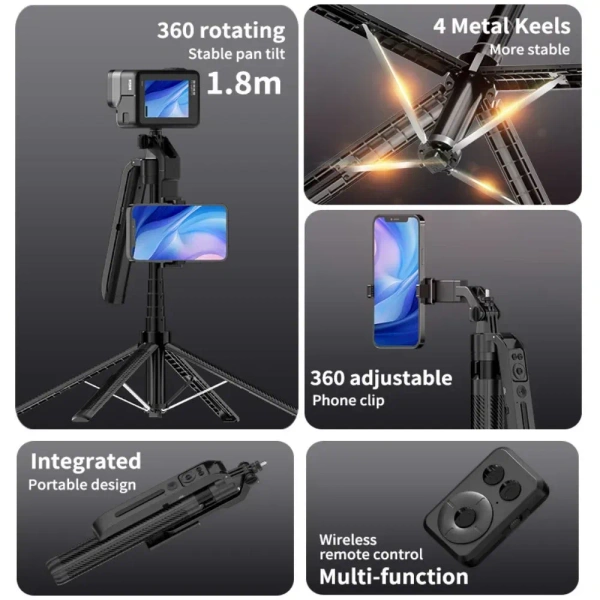 C12 Wireless Bluetooth Selfie Stick Tripod – 1.31 m Extendable, 360° Rotation, Remote & Stability