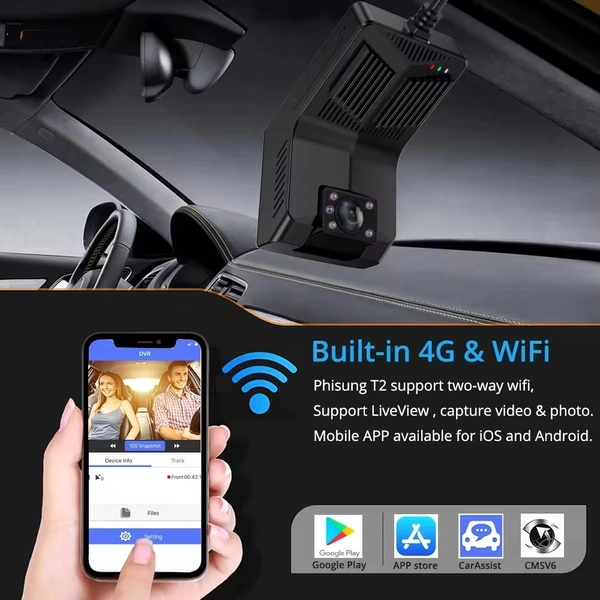 T2 4G WiFi GPS Dual Car Dash Cam – LTE, Night Vision, G-Sensor & Front + Inside Recording | 6 month waranty