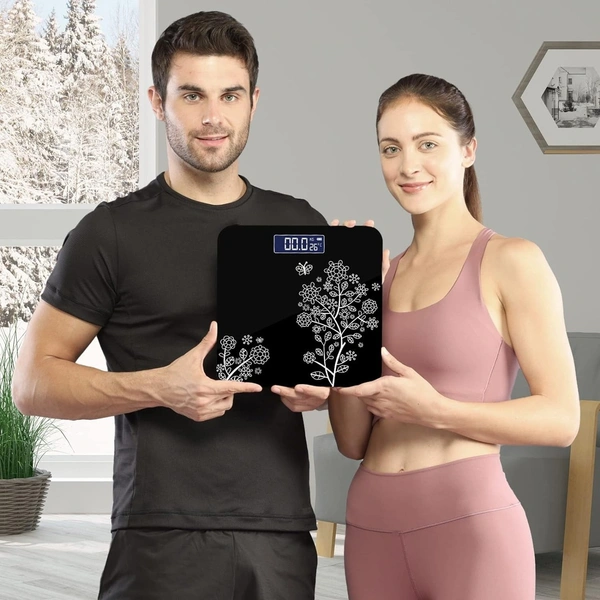 Floral Digital Bathroom Weighing Scale with LCD Panel & Thick Tempered Glass, Electronic Weight Machine