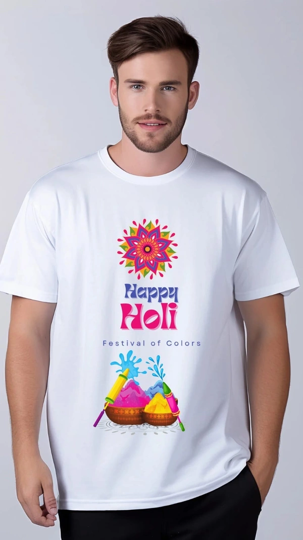 Holi Men’s Printed Round Neck Poly Cotton White T-Shirt