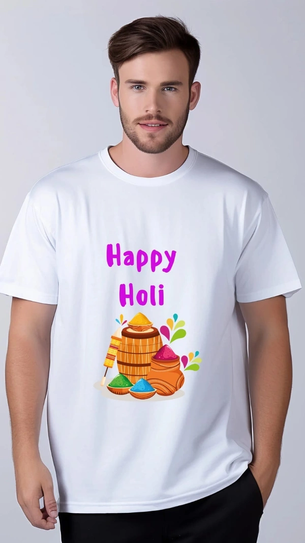 Happy Holi Men’s Printed Round Neck T-Shirt – White (Poly Cotton) 