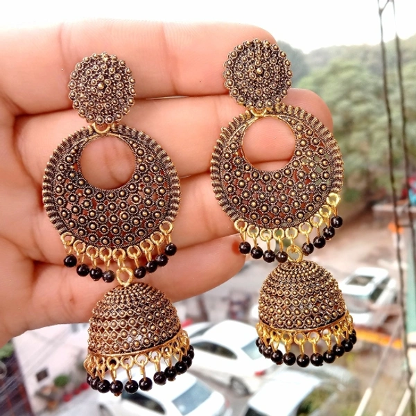 Black latest designer party wear long golden earrings for women and girls Alloy Jhumki Earring, Drops & Danglers