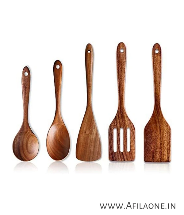 Wooden Cooking Spoons( Set of 5) Non-Stick Serving and Cooking Spoon Kitchen Tools Utensil, - Brown