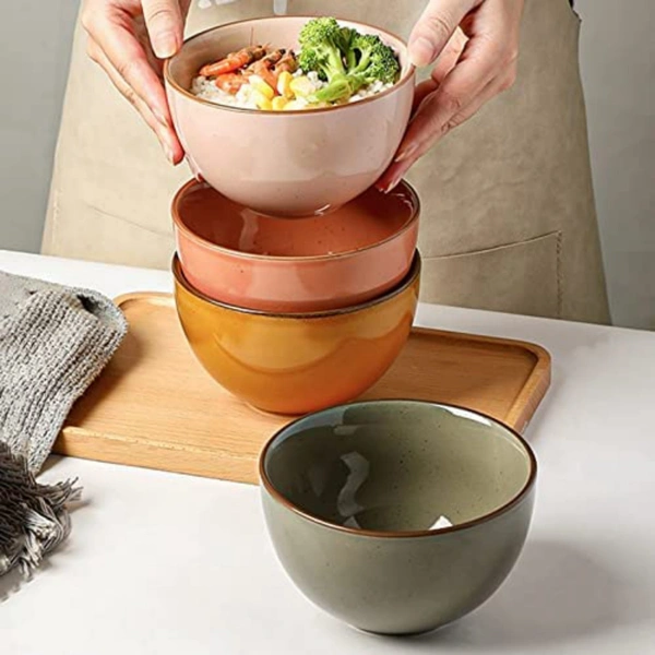 Ceramic Striped Bowls,450ml, Set of 1, Mustard Yellow and Off White