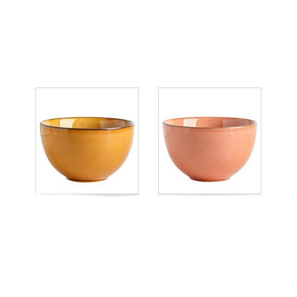 Ceramic Striped Bowls,450ml, Set of 1, Mustard Yellow and Off White