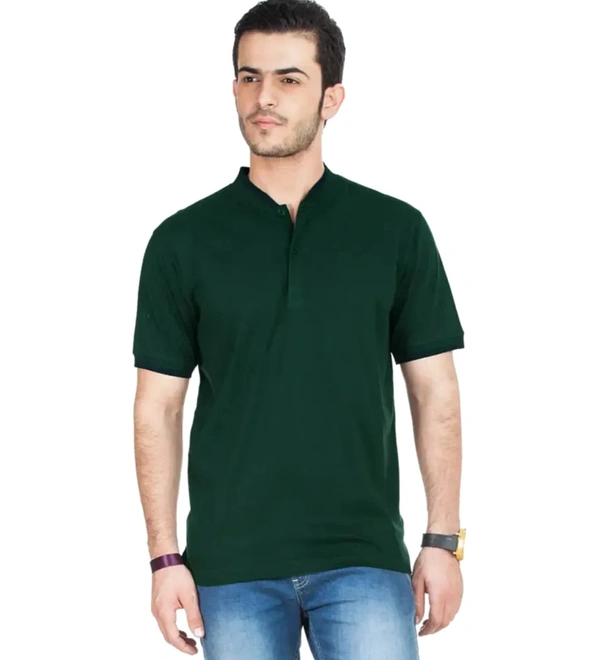 Classy Green Cotton Blend Solid Polo T-Shirt For Men - M
