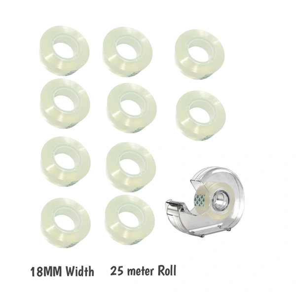 SMPH  Cello Tape With Dispenser Cutter( Pack Of 10 ) Cello Tape 18 MM X 25 Meter Roll Length 