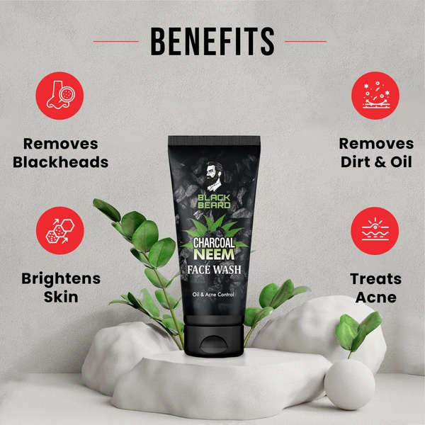 BLACK BEARD CHARCOAL NEEM FACE WASH REVITALIZES SKIN CLEANSES PORES FACE WASH | ENERGIZING FACE WASH FOR OIL AND ACNE CONTROL - 100ml