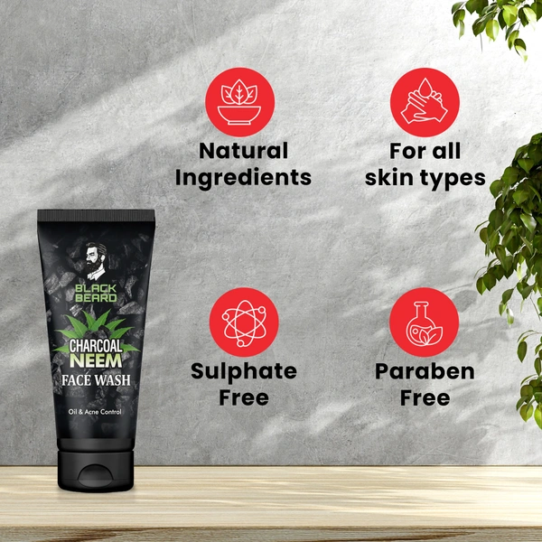 BLACK BEARD CHARCOAL NEEM FACE WASH REVITALIZES SKIN CLEANSES PORES FACE WASH | ENERGIZING FACE WASH FOR OIL AND ACNE CONTROL - 100ml
