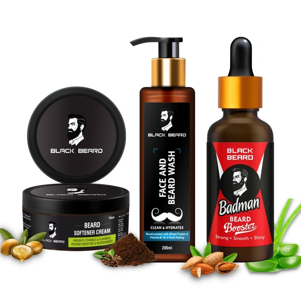 BLACK BEARD Set Of 3 Beard Care - Face and Beard Wash, Beard Booster Oil, Beard Softener Cream Combo Best Gift for Men - 50gm, 200ml, 30ml