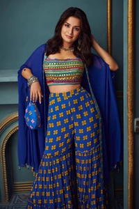 Blue Cotton Silk Cape And Printed Gharara Set