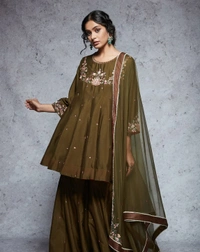 Green Dupion Silk Embroidered Sharara Set