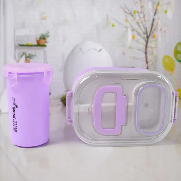 Plastic Lunch Box With Small Box, Bottle & Sponn for Kids Lunch Box (4 Pc Set) - free