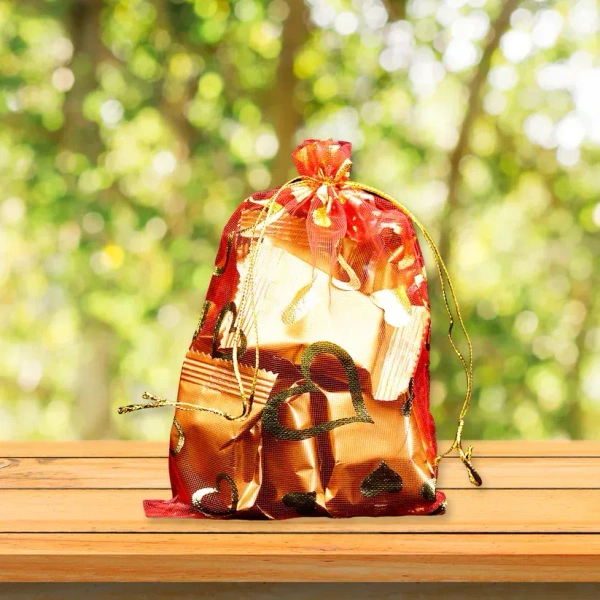Net Fabric Drawstring Pouch – Ideal for Dry Fruits, Organza Shagun Potli (Mix Sizes & Design)