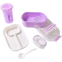 Plastic Lunch Box With Small Box, Bottle & Sponn for Kids Lunch Box (4 Pc Set) - free