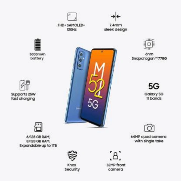 SAMSUNG Galaxy M52 5G (Icy Blue, 128 GB) (6 GB RAM)