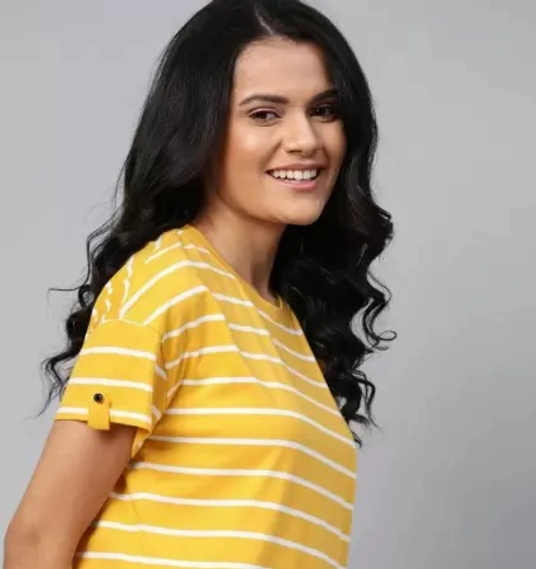 Women Striped Round Neck Yellow T-Shirt - S