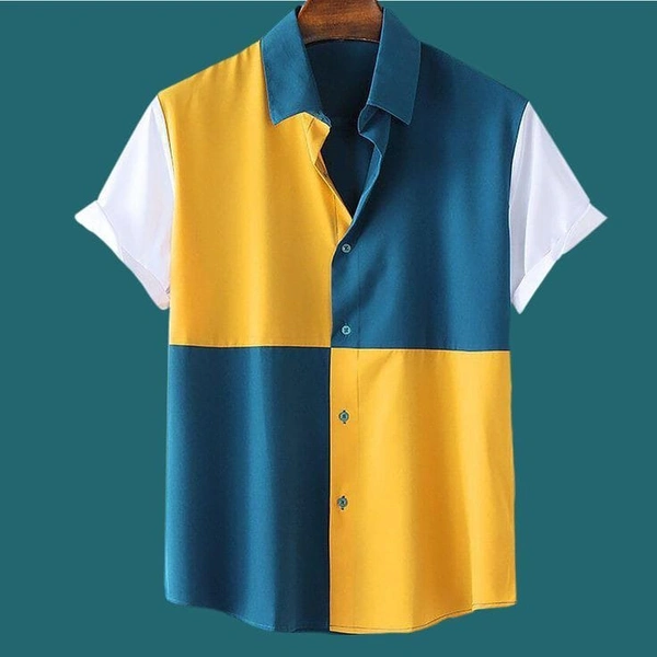 TeesBunker Denim Cotton Color Block Regular Fit Half Sleeves Shirt For Men - L