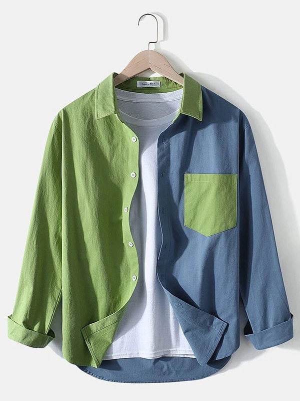 TeesBunker Colorblock Long Sleeve Denim Cotton Vintage Branded Blue & Green Button Down Shirts - S