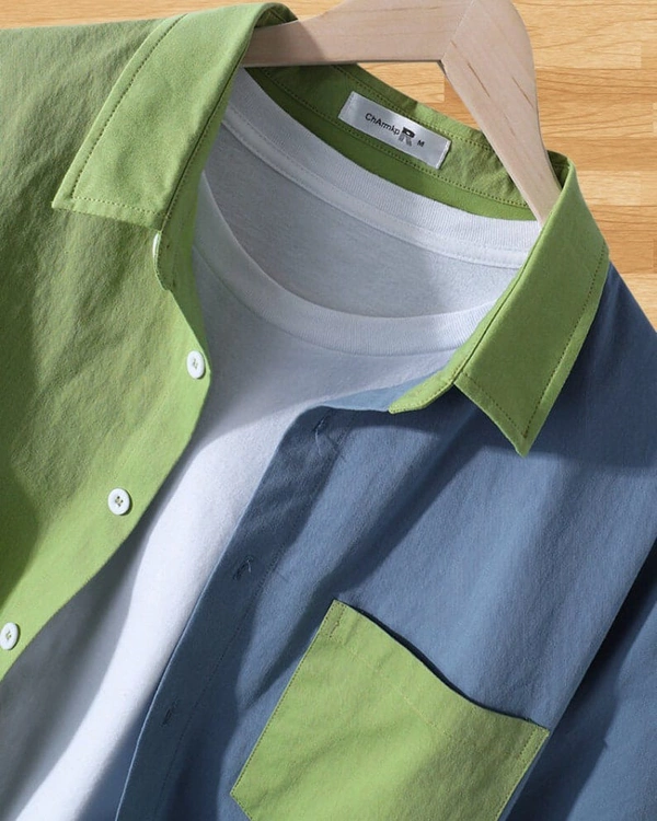 TeesBunker Colorblock Long Sleeve Denim Cotton Vintage Branded Blue & Green Button Down Shirts - S
