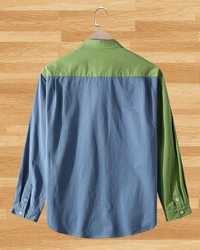 TeesBunker Colorblock Long Sleeve Denim Cotton Vintage Branded Blue & Green Button Down Shirts - S