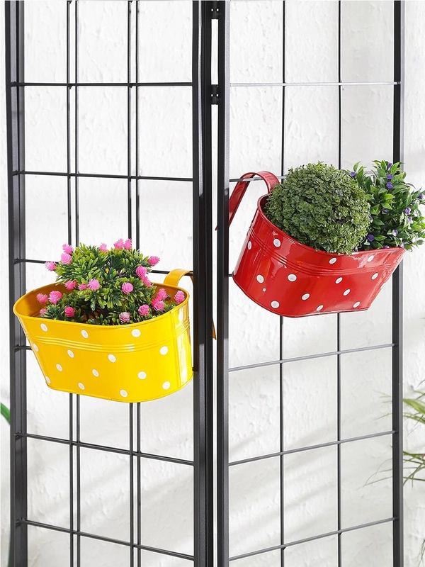 Set of two Polka Dot Oval Railling Planter Big Yellow & Red