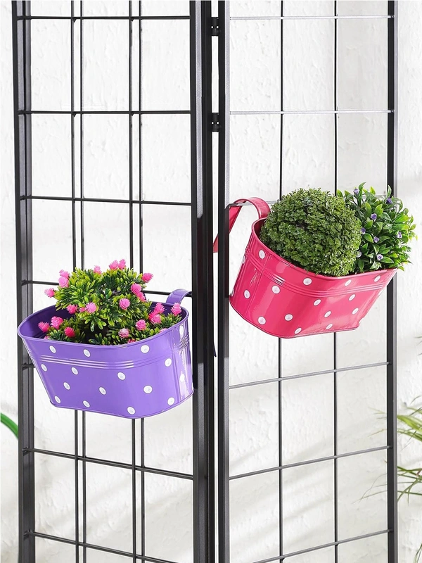 Set of two Polka Dot Oval Railling Planter Big Purple & Pink - 12''X6''X5'', Pink & Purple, Glossy Powder Coated