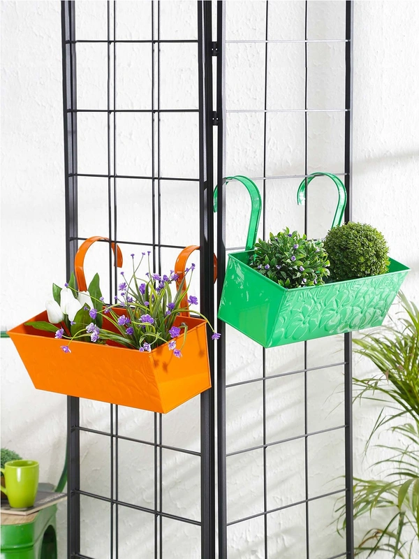 Set of Two 18'' Embossed Rectangular Planter Orange & Green - 18''X6''X6'', Glossy Powder Coated, Galvanized Iron