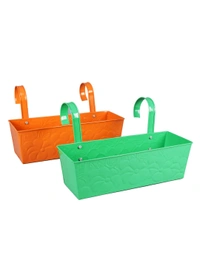 Set of Two 18'' Embossed Rectangular Planter Orange & Green - 18''X6''X6'', Glossy Powder Coated, Galvanized Iron