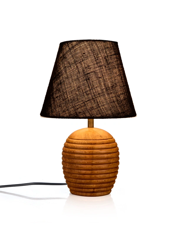 Striped Wooden Brown Lamp with Black Jute Shade