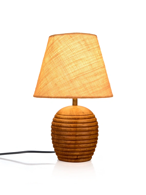 Striped Wooden Brown Lamp with White Jute Shade