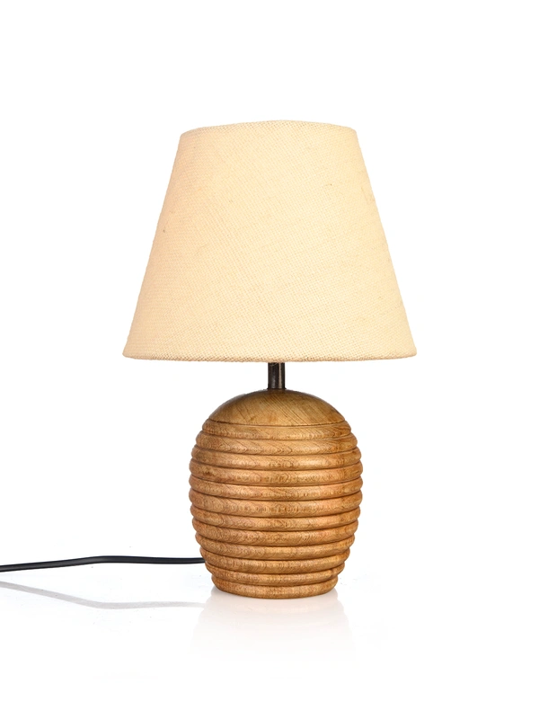 Striped Wooden Brown Lamp with White Jute Shade