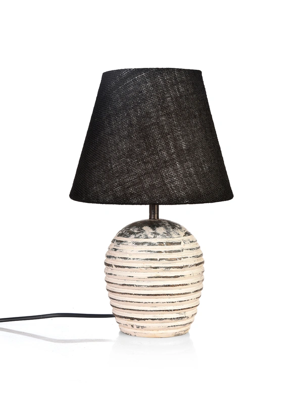 Striped Wooden White Lamp with Black Jute Shade