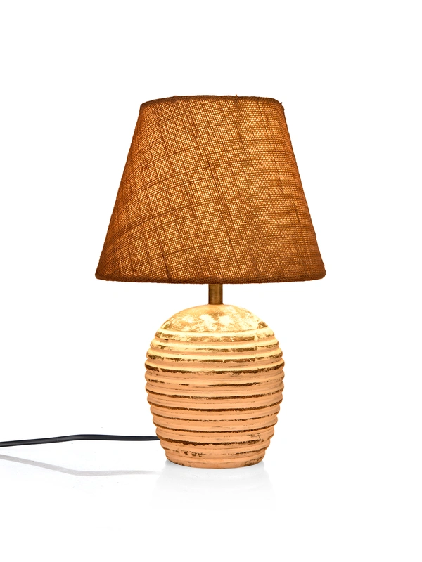 Striped Wooden White Lamp with Brown Jute Shade