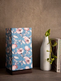 Turquoise Floral Lamp with Wooden Base