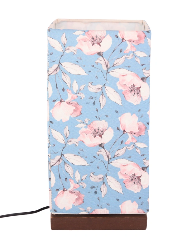 Turquoise Floral Lamp with Wooden Base