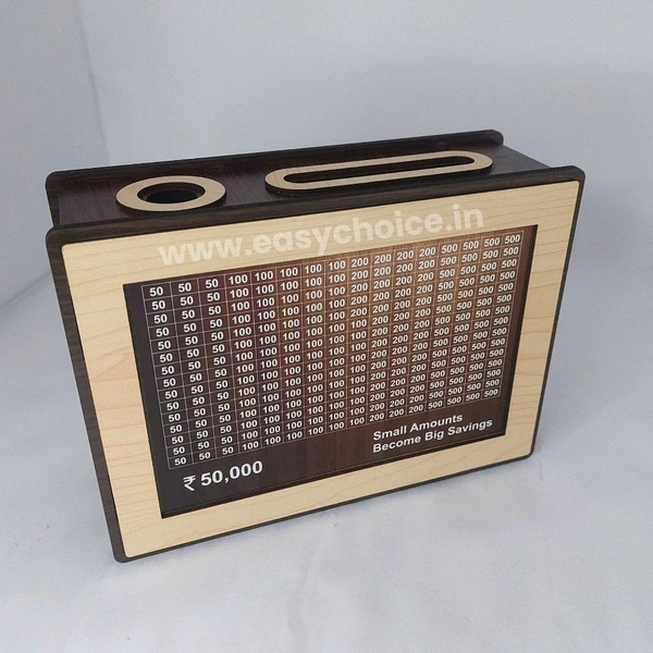 Big Sized High Quality Wooden 50K Money Saving Motivational Piggy Bank With Back Side Photo Frame Option