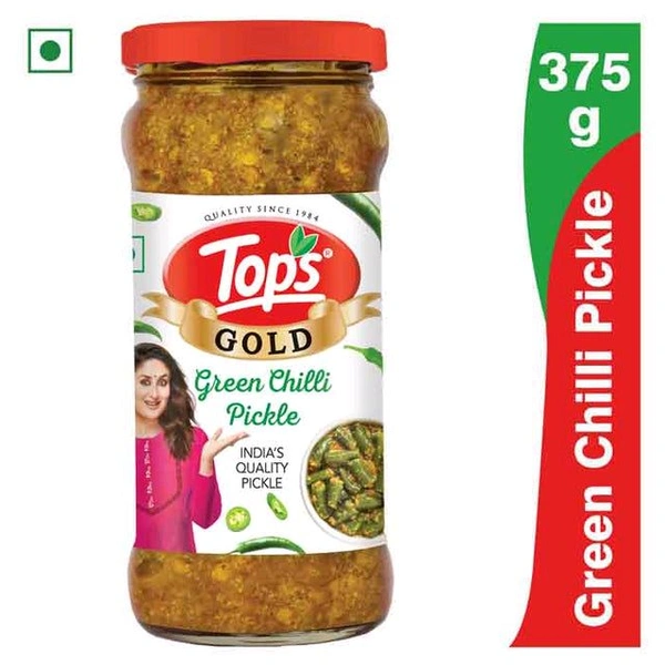 TOPS Gold Green Chilli Pickle - 375g. Glass Bottle