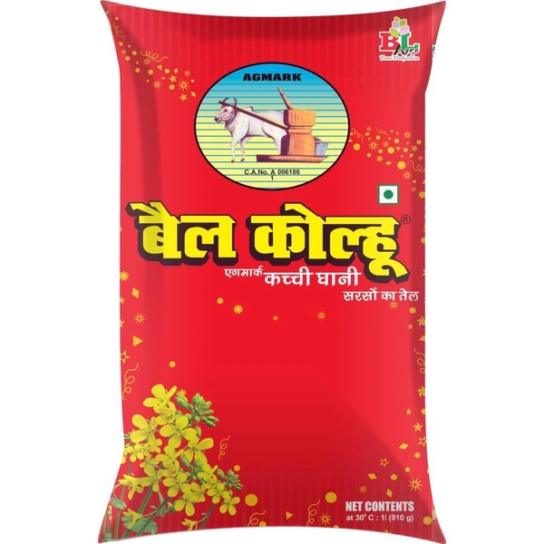 Bail Kholu Mustard Oil बैल कोल्हू सरसों तेल (1Litre) - Brown, 1Litre, 1 Poly Pack