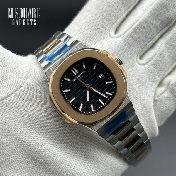 Patek Philippe Nautilus Quartz | Black Dial With Gold Bezel And Silver Gold Chain | Master Made Copy | Japanese Movement | Next To Original | MSquare Gadgets | Luxury Brand