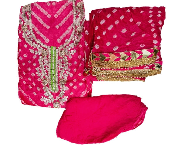 Art Silk Bandhani Gota Patti Work Un-Stitched Salwar Suit Dress Material - Light Green