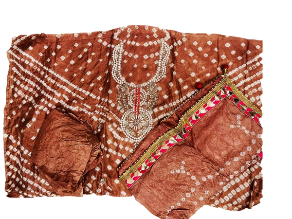 Art Silk Bandhani Gota Patti Work Un-Stitched Salwar Suit Dress Material - Brown
