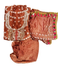 Art Silk Bandhani Gota Patti Work Un-Stitched Salwar Suit Dress Material - Brown