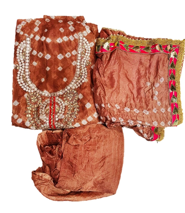Art Silk Bandhani Gota Patti Work Un-Stitched Salwar Suit Dress Material - Brown
